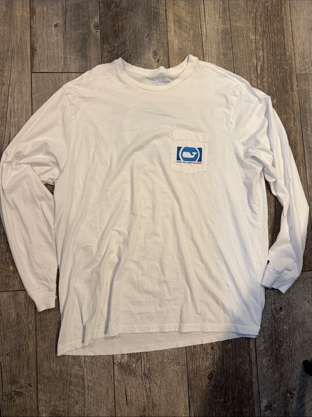 Vineyard Vines White Long Sleeve Pocket Tee with Blue Whale Logo